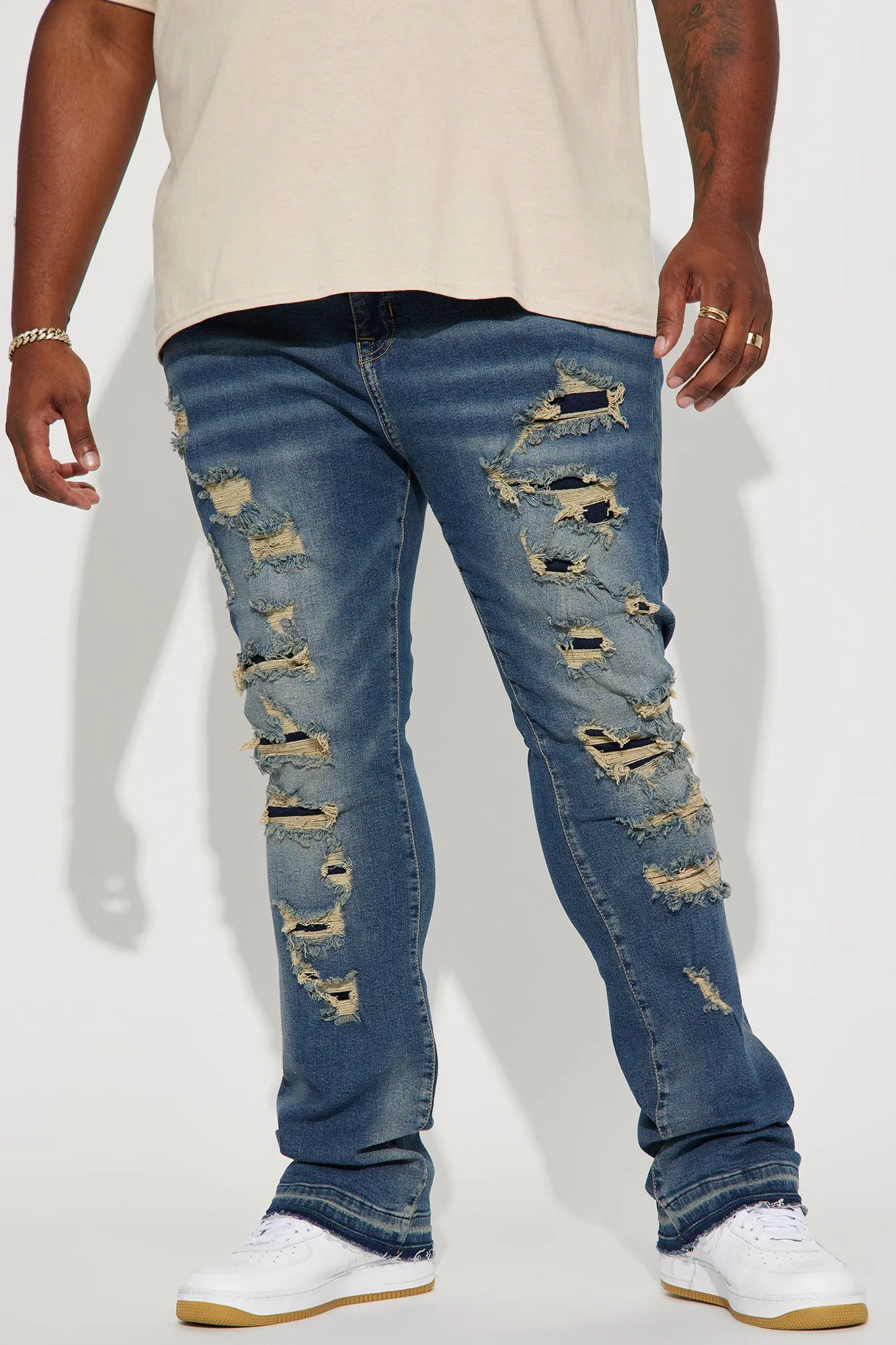 All Distressed Stacked Skinny Flared Jeans - Medium Wash