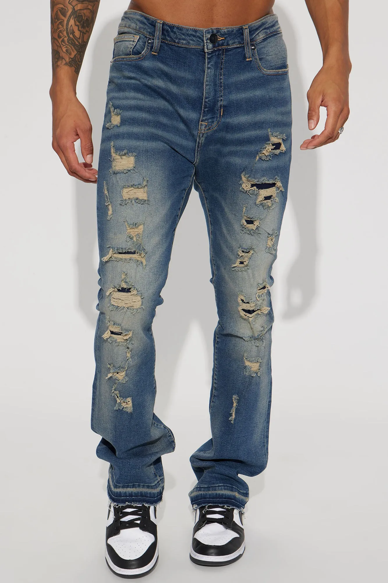 All Distressed Stacked Skinny Flared Jeans - Medium Wash