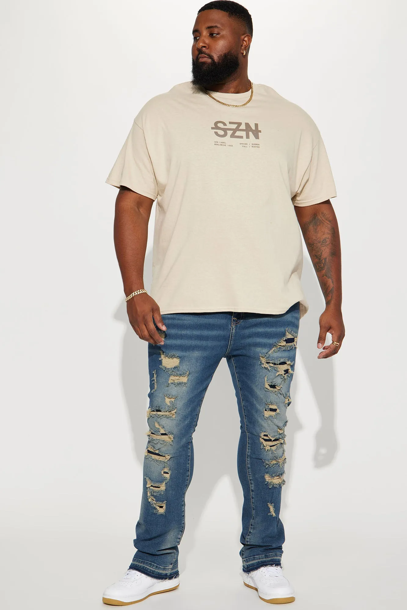 All Distressed Stacked Skinny Flared Jeans - Medium Wash