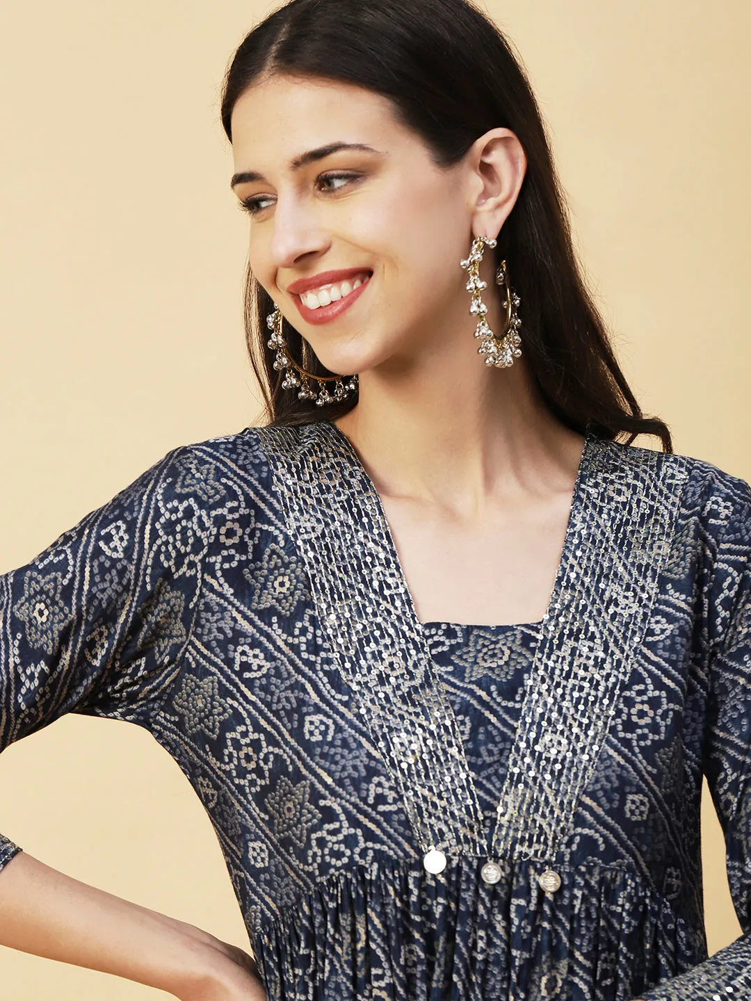 Bandhani Printed Sequins & Zari Embroidered Flared High Slit Kurta With Pants - Blue