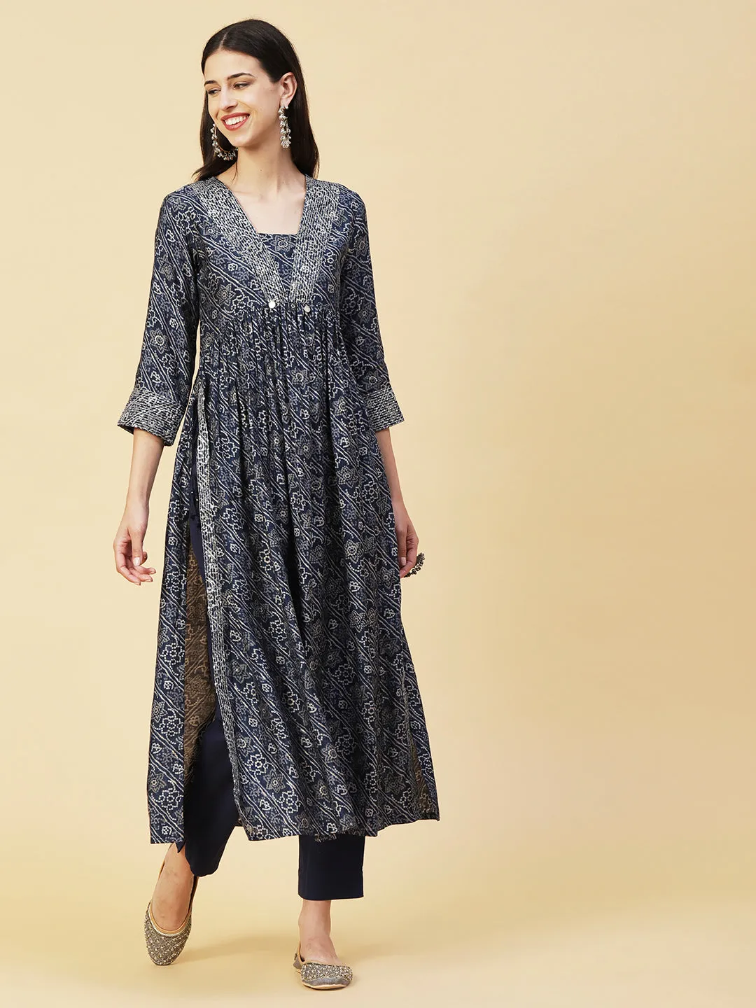 Bandhani Printed Sequins & Zari Embroidered Flared High Slit Kurta With Pants - Blue