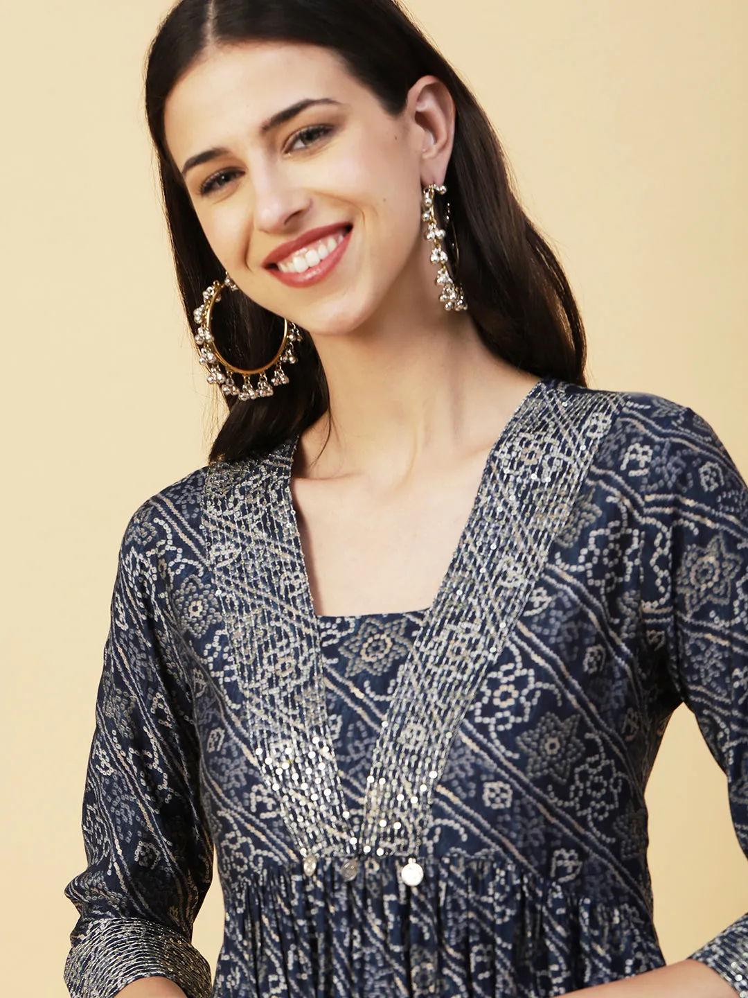 Bandhani Printed Sequins & Zari Embroidered Flared High Slit Kurta With Pants - Blue
