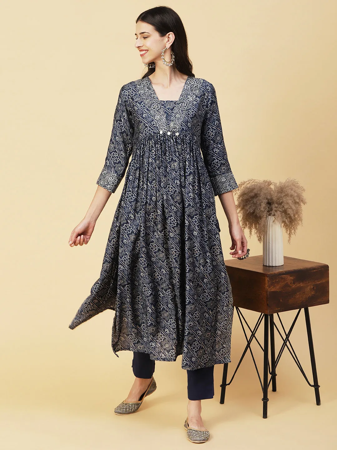 Bandhani Printed Sequins & Zari Embroidered Flared High Slit Kurta With Pants - Blue