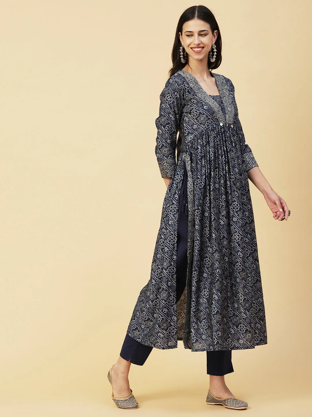 Bandhani Printed Sequins & Zari Embroidered Flared High Slit Kurta With Pants - Blue