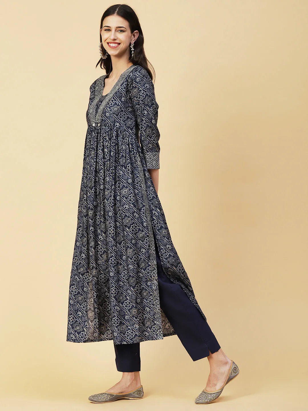 Bandhani Printed Sequins & Zari Embroidered Flared High Slit Kurta With Pants - Blue