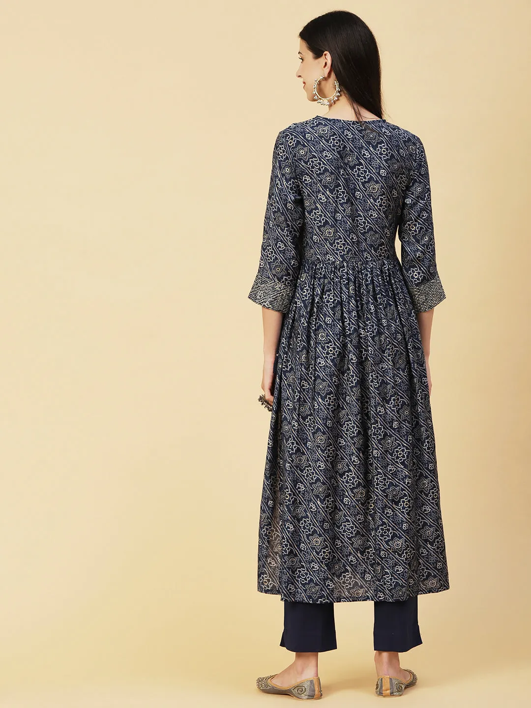 Bandhani Printed Sequins & Zari Embroidered Flared High Slit Kurta With Pants - Blue