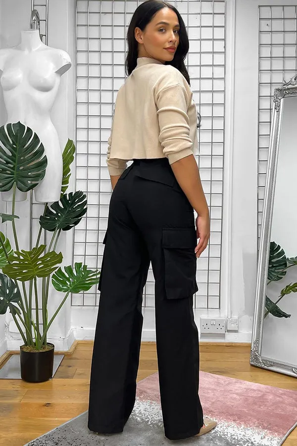 BLACK HIGH WAISTED SHELL CARGO TROUSERS