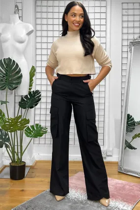 BLACK HIGH WAISTED SHELL CARGO TROUSERS