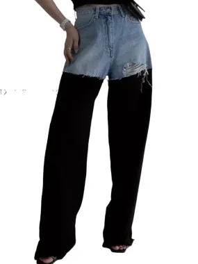 Blue jeans detail and black pants