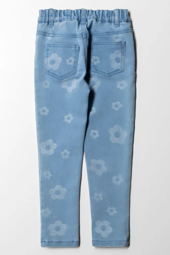 Daisy Lazer Print 5 Pocket Skinny Light Wash Blue