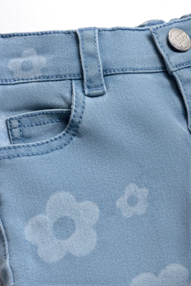 Daisy Lazer Print 5 Pocket Skinny Light Wash Blue