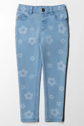 Daisy Lazer Print 5 Pocket Skinny Light Wash Blue
