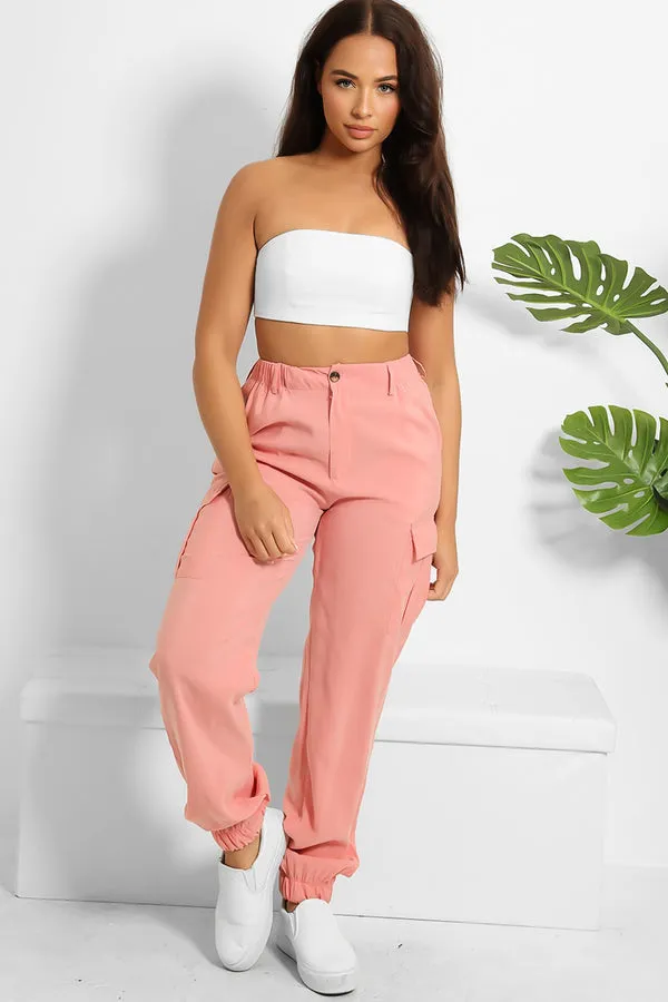 DUSTY PEACH UTILITY HIP POCKETS ELASTIC HEM CARGO PANTS