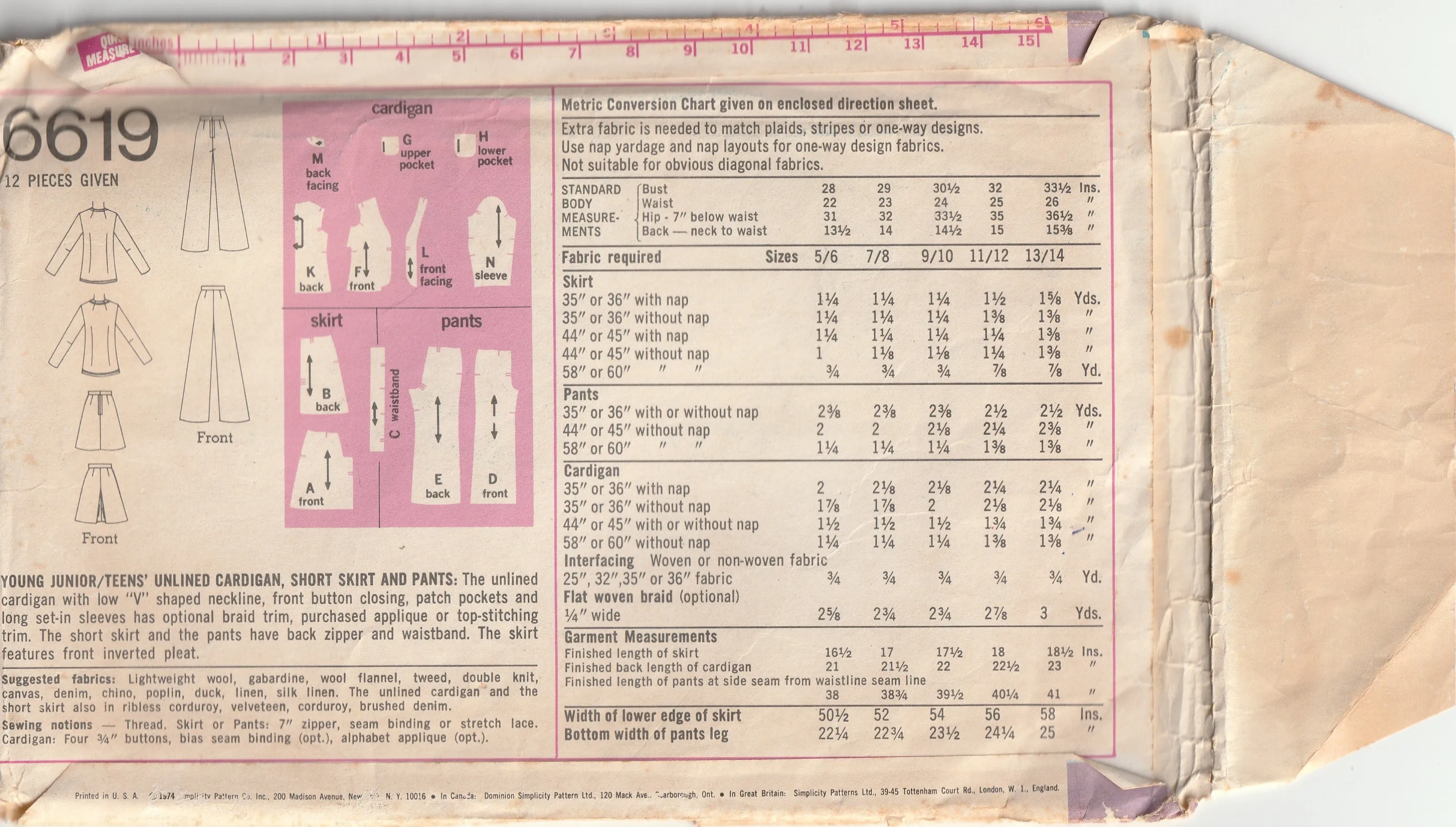 Flared Pants, Skirt & Jacket - Teen Pattern, Bust 85 cm - Simplicity 6619 - 1974