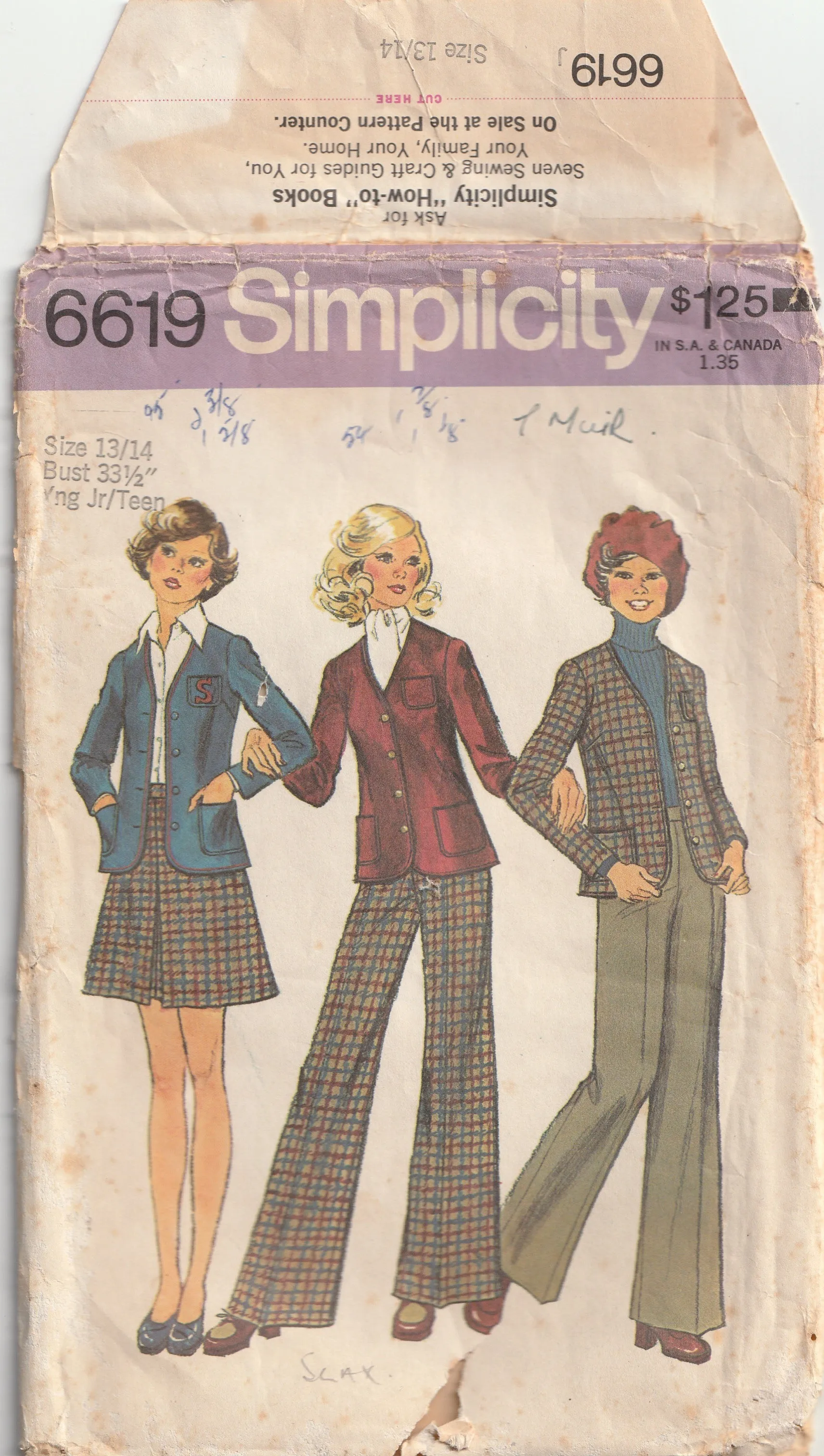 Flared Pants, Skirt & Jacket - Teen Pattern, Bust 85 cm - Simplicity 6619 - 1974
