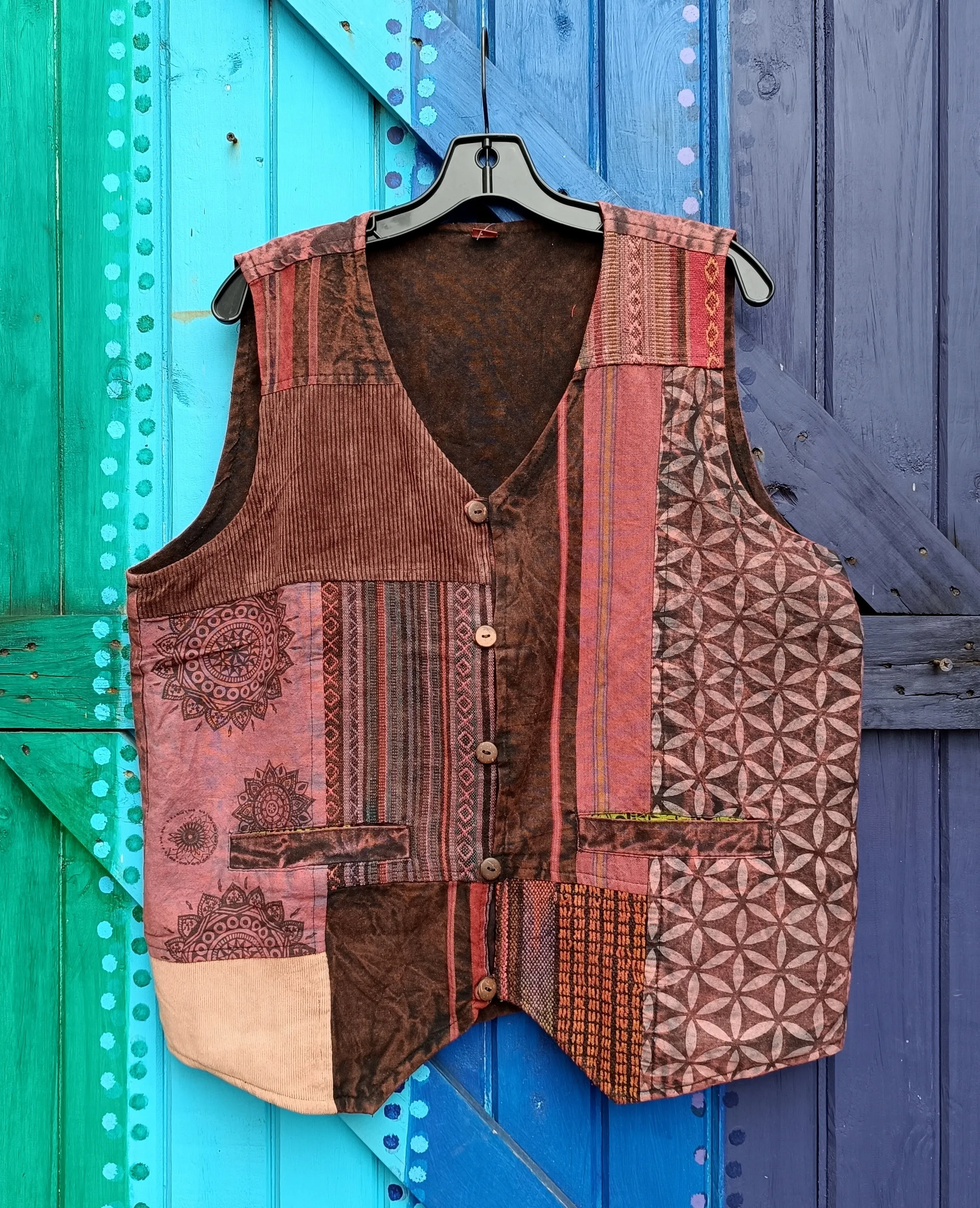 Funky Hippie Men's and Ladies Unisex Patchwork Cotton Button Up Waistcoats - Red