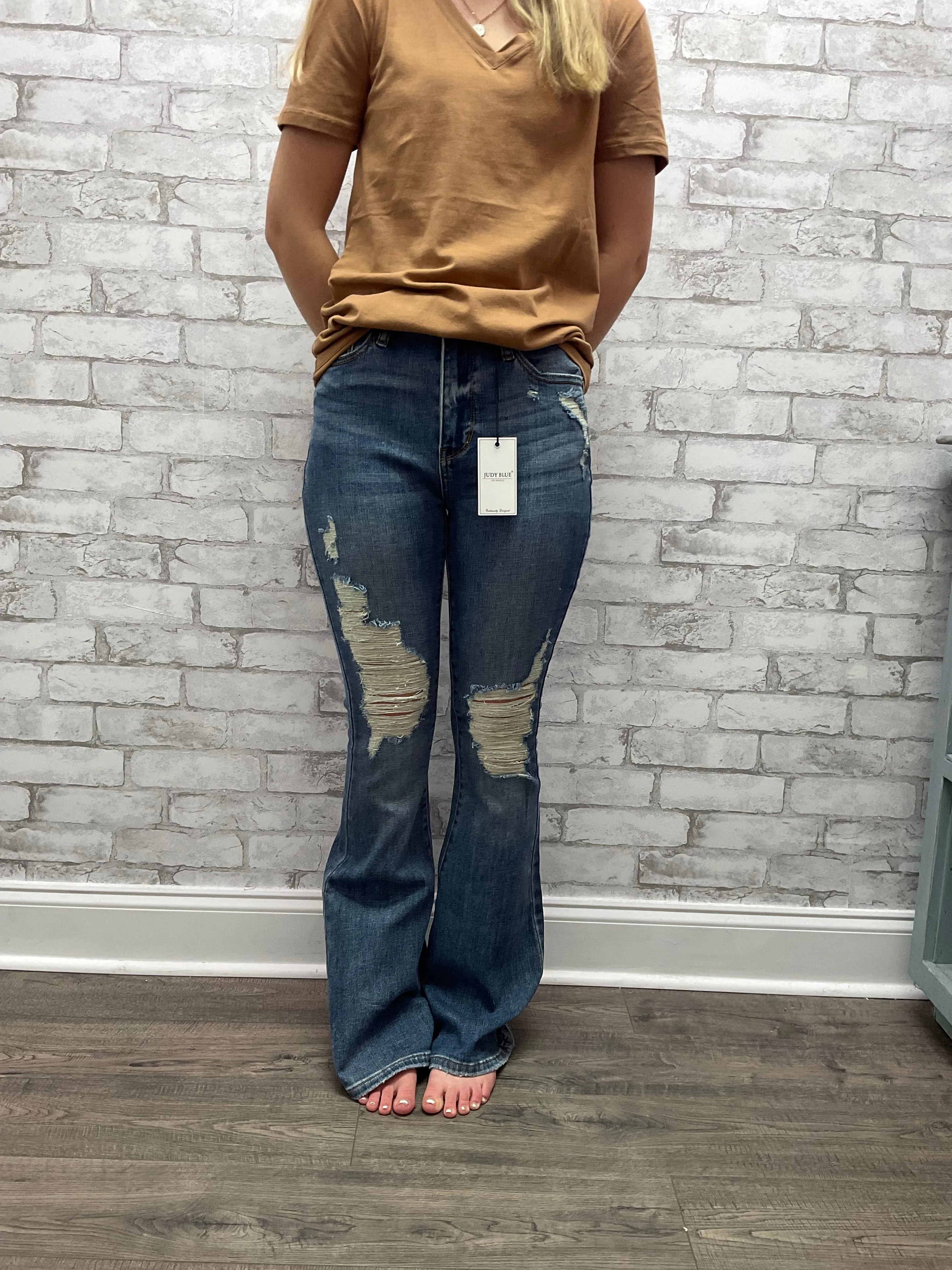 HIGH WAIST TALL KNEE DESTROY FLARE