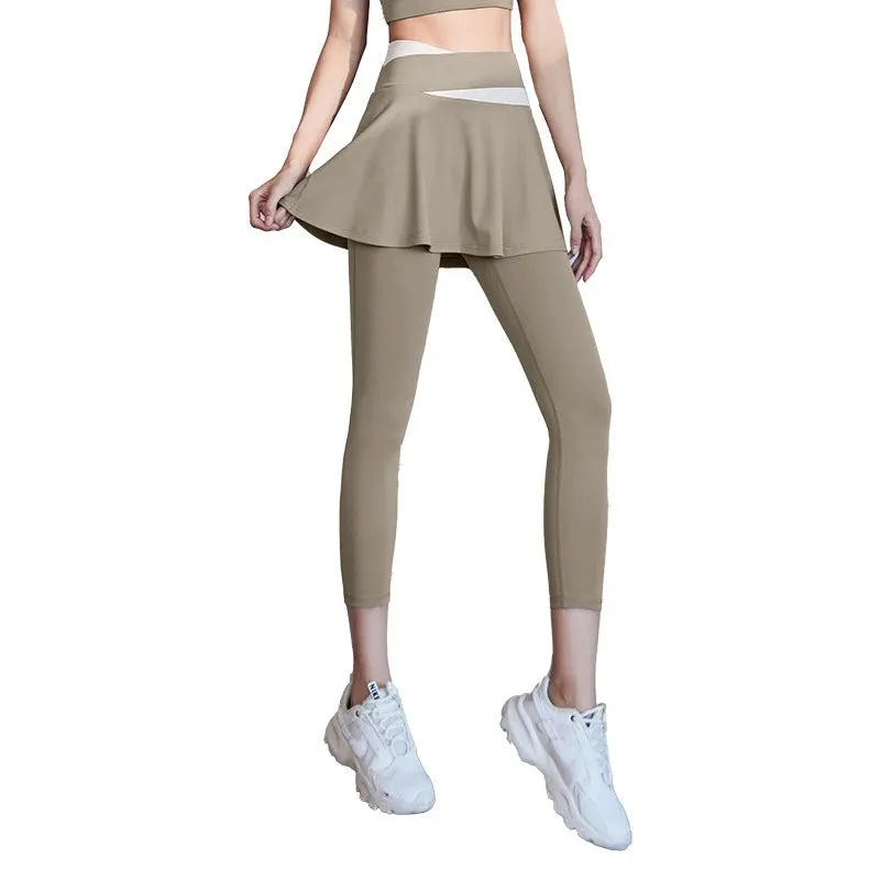 High-Waisted Color-Block Yoga Leggings with Skirt for Women - Breathable, Soft Gym Tights with Tummy Control and Ruched Butt Design