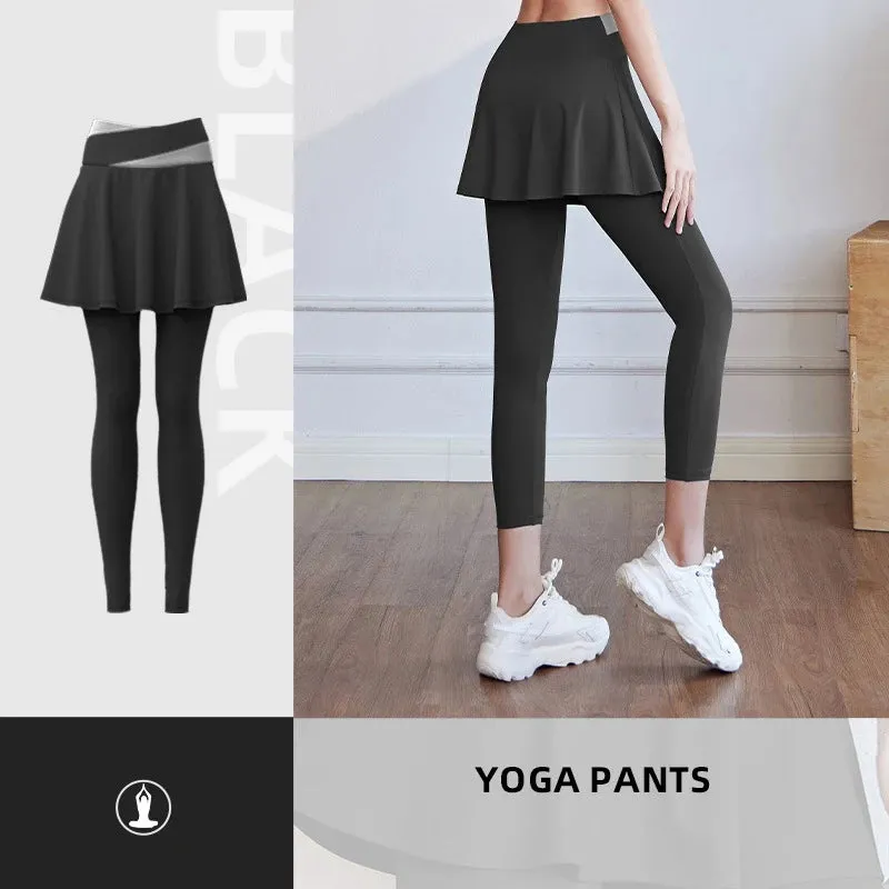 High-Waisted Color-Block Yoga Leggings with Skirt for Women - Breathable, Soft Gym Tights with Tummy Control and Ruched Butt Design