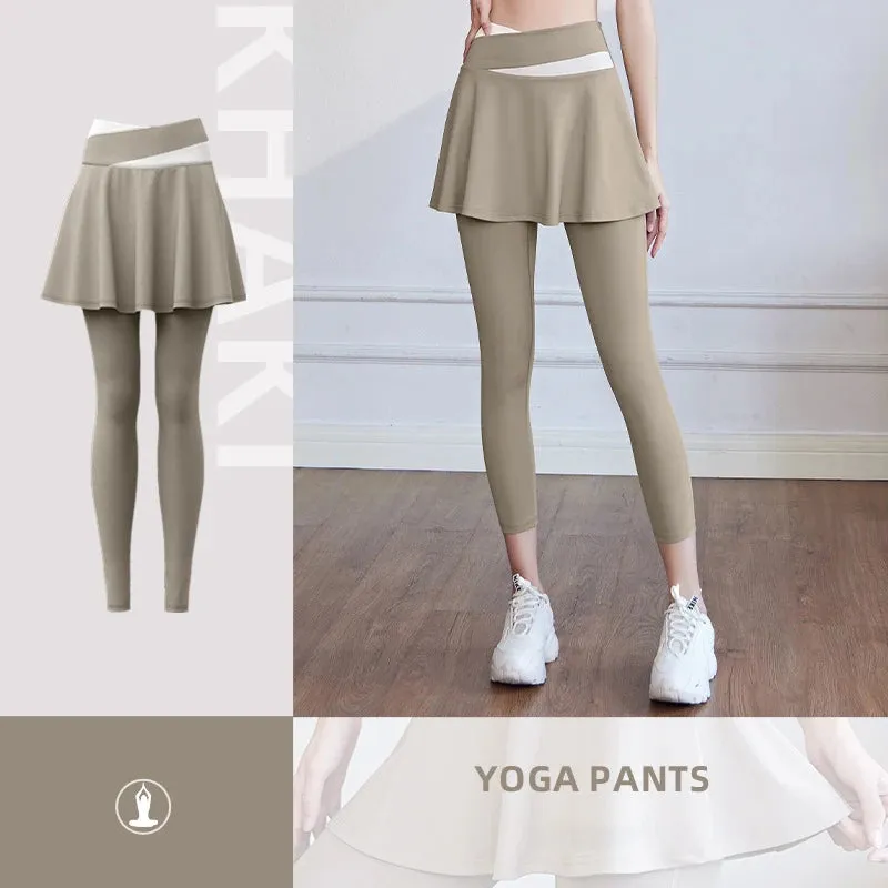 High-Waisted Color-Block Yoga Leggings with Skirt for Women - Breathable, Soft Gym Tights with Tummy Control and Ruched Butt Design