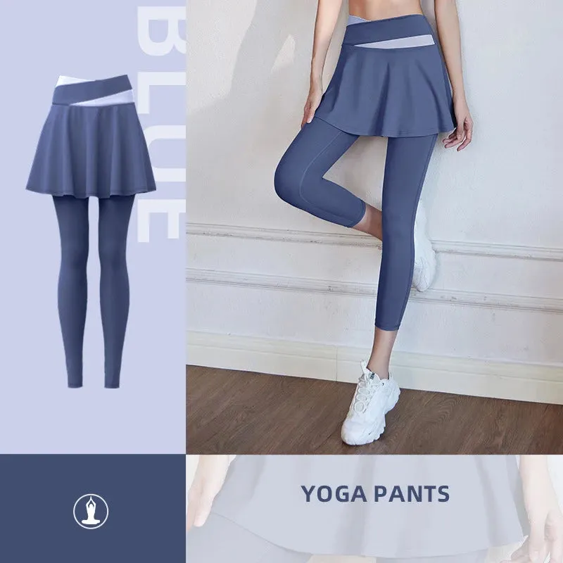 High-Waisted Color-Block Yoga Leggings with Skirt for Women - Breathable, Soft Gym Tights with Tummy Control and Ruched Butt Design