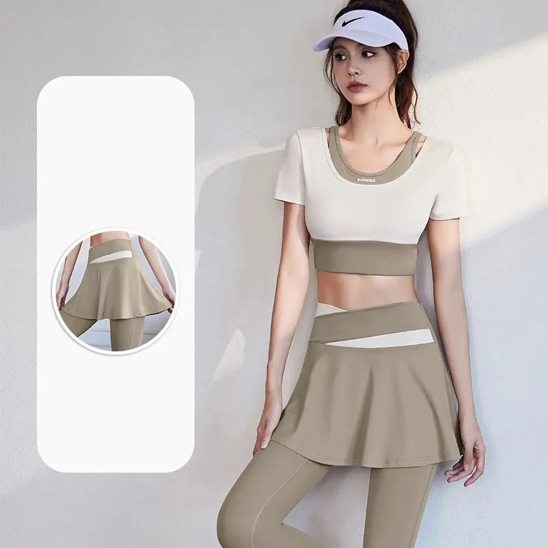 High-Waisted Color-Block Yoga Leggings with Skirt for Women - Breathable, Soft Gym Tights with Tummy Control and Ruched Butt Design