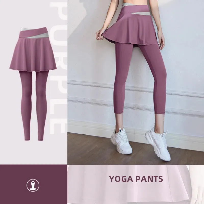 High-Waisted Color-Block Yoga Leggings with Skirt for Women - Breathable, Soft Gym Tights with Tummy Control and Ruched Butt Design