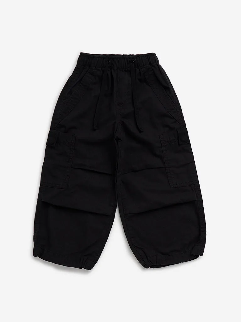 HOP Kids Black Cargo-Style High-Rise Cotton Trousers