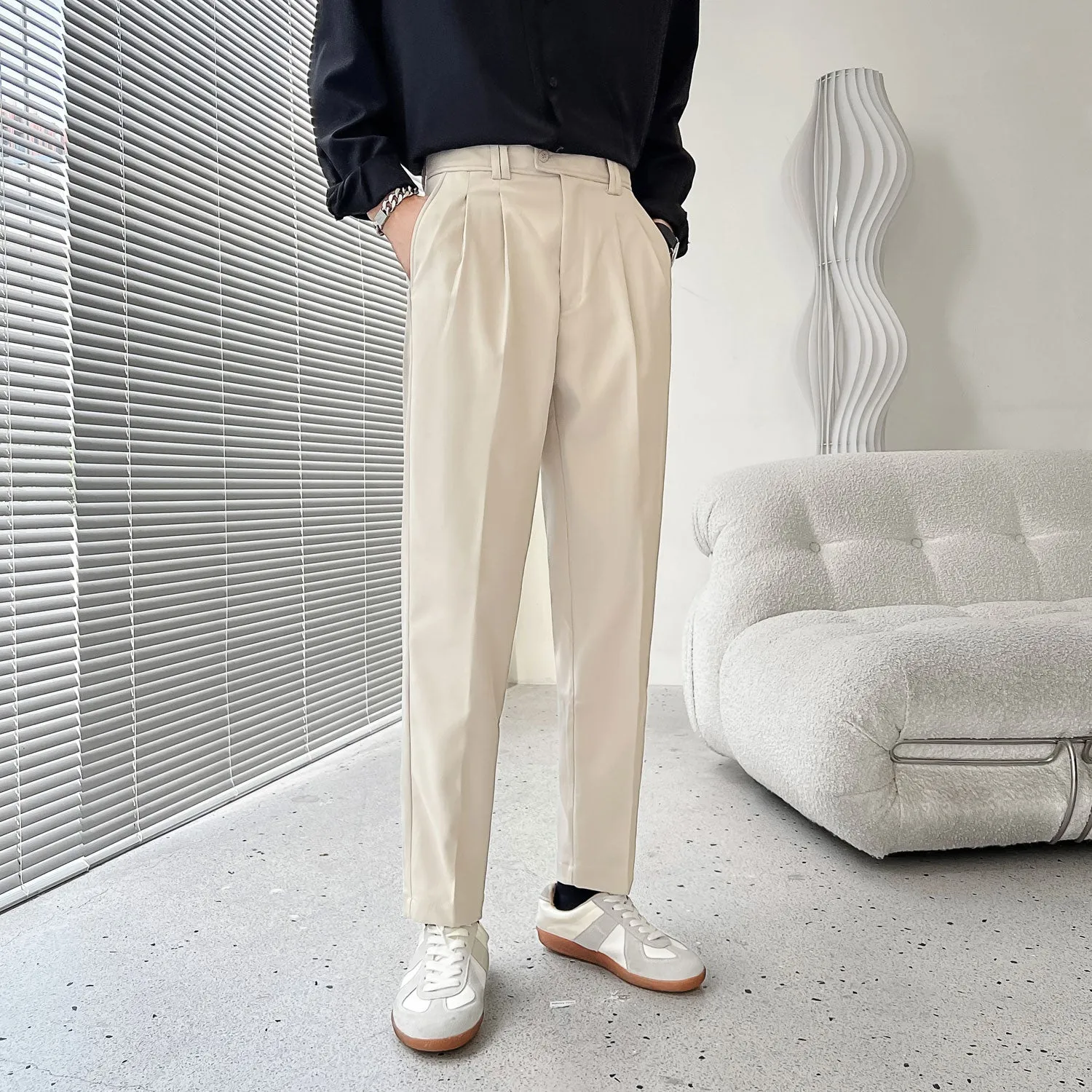 [Korean Style] Beige/Black Slim-Fit Casual Pants