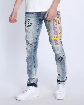 Light Wash Irregular Ripped Blue Jeans with Color Print-Mexico Local Delivery