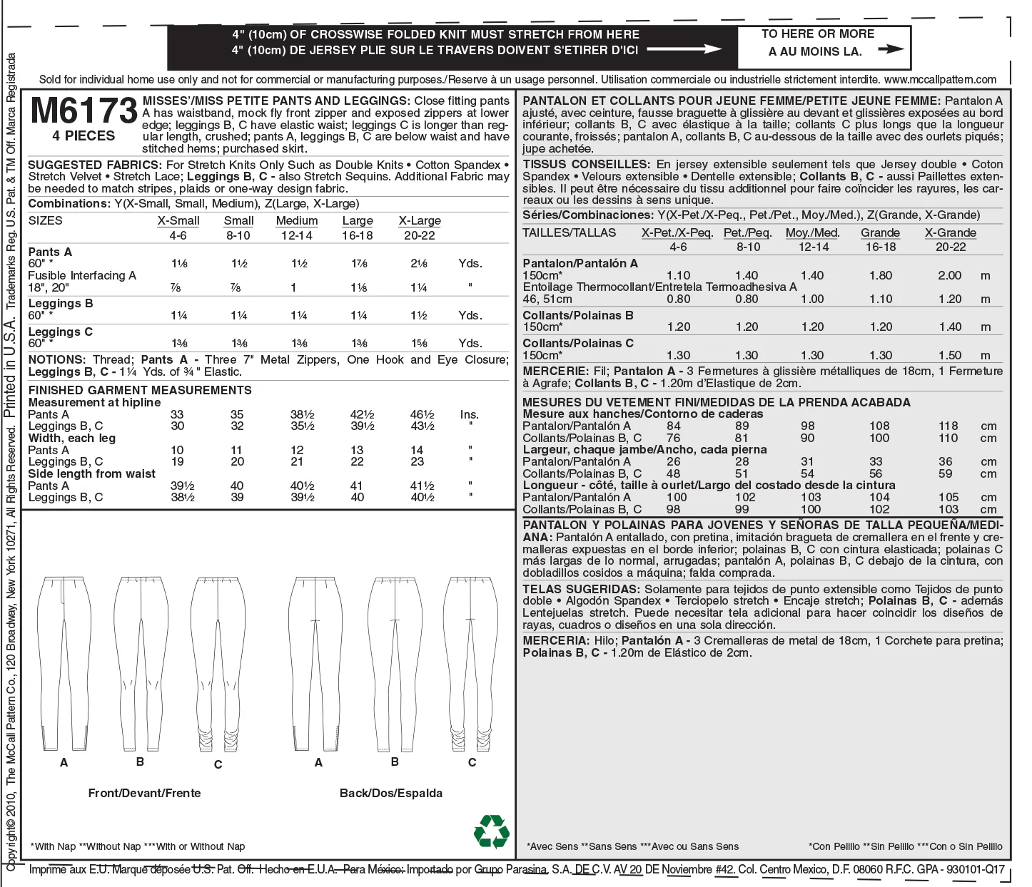 M6173 Misses'/Miss Petite Pants and Leggings