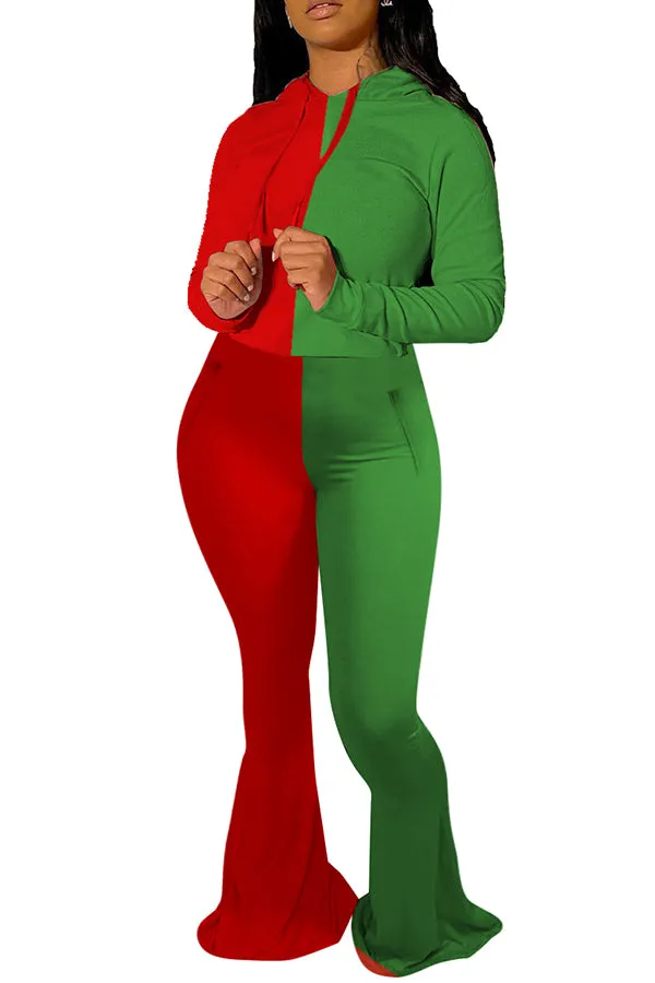MB FASHION Two-Tone Color Block Long Sleeve Top and Flared Pants Set 8122