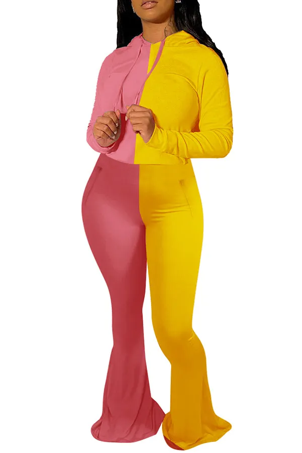 MB FASHION Two-Tone Color Block Long Sleeve Top and Flared Pants Set 8122