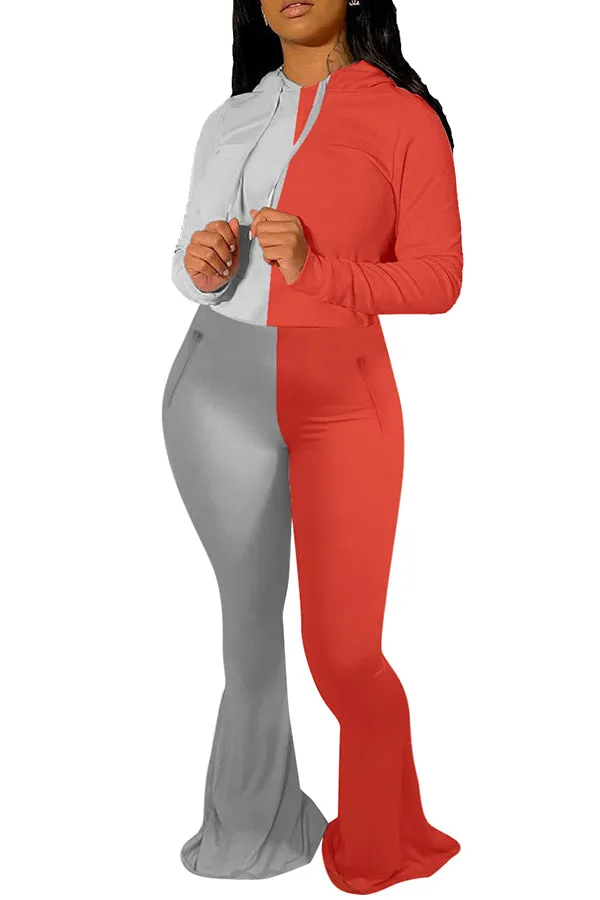 MB FASHION Two-Tone Color Block Long Sleeve Top and Flared Pants Set 8122