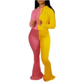 MB FASHION Two-Tone Color Block Long Sleeve Top and Flared Pants Set 8122