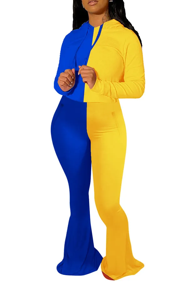 MB FASHION Two-Tone Color Block Long Sleeve Top and Flared Pants Set 8122