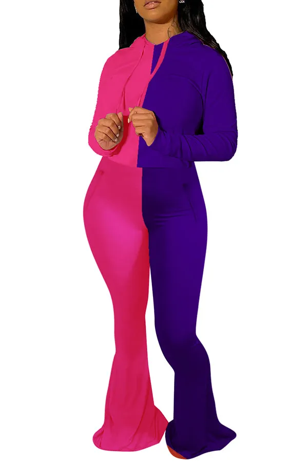 MB FASHION Two-Tone Color Block Long Sleeve Top and Flared Pants Set 8122