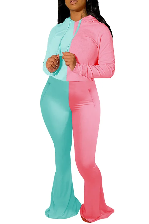 MB FASHION Two-Tone Color Block Long Sleeve Top and Flared Pants Set 8122