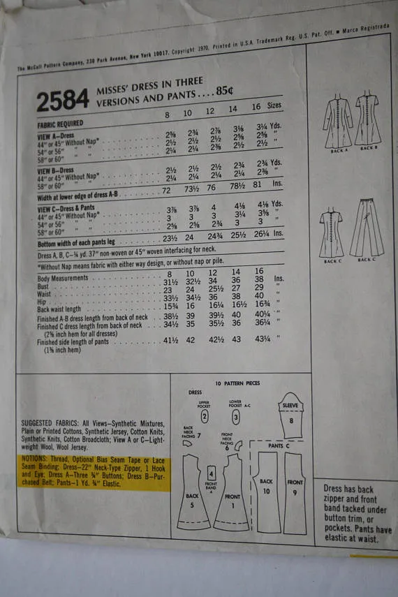 McCall's 2584 Misses Dress in 3 Versions and Pants Vintage 1970's