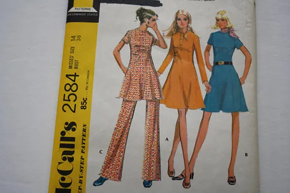McCall's 2584 Misses Dress in 3 Versions and Pants Vintage 1970's
