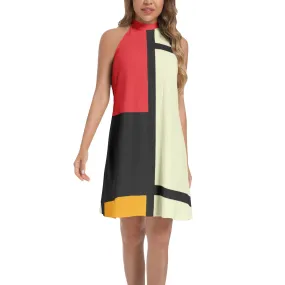 Mondrian Art Tie Back Halter Neck Flared Dress