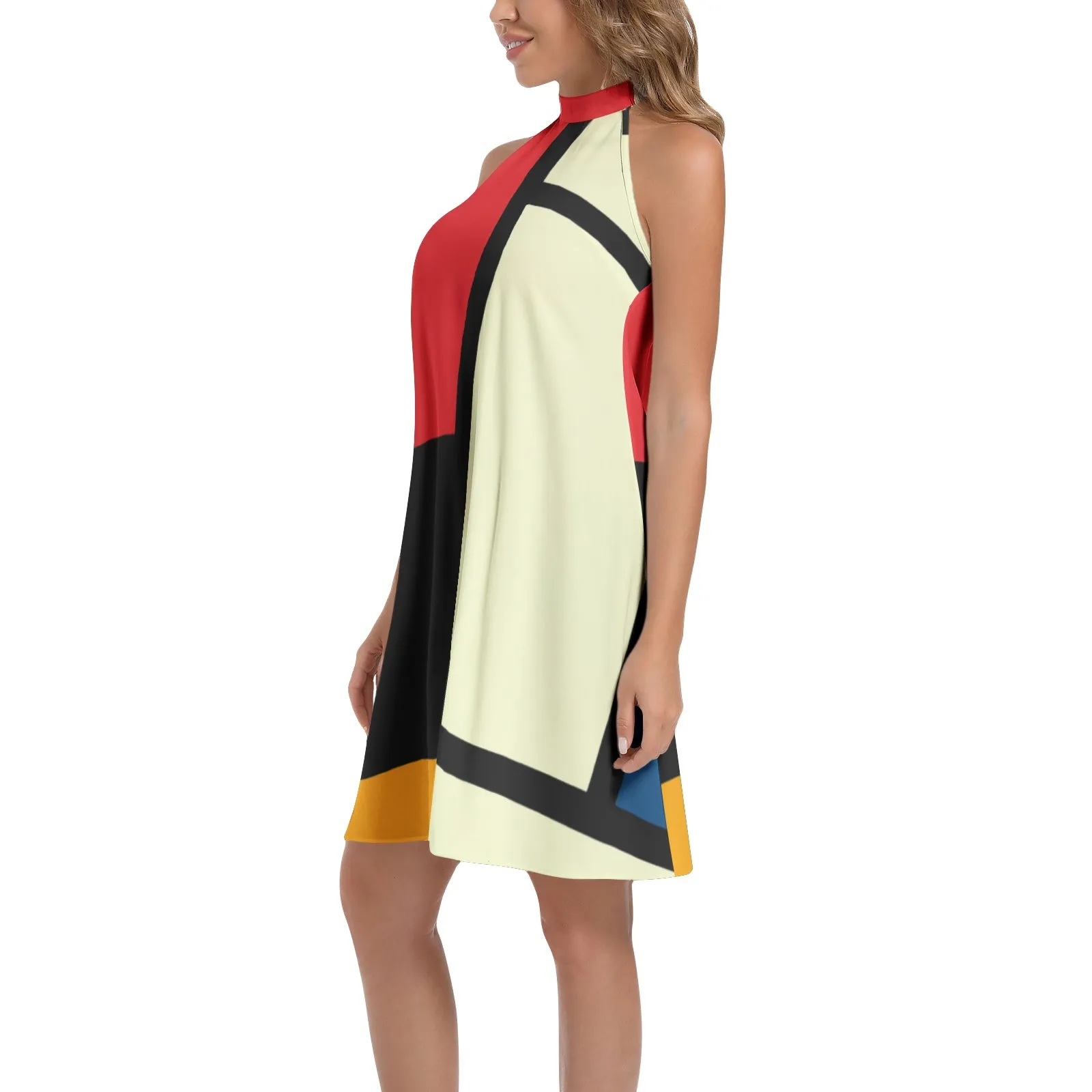 Mondrian Art Tie Back Halter Neck Flared Dress