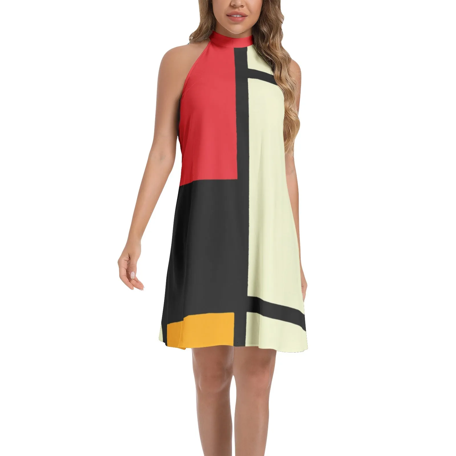 Mondrian Art Tie Back Halter Neck Flared Dress