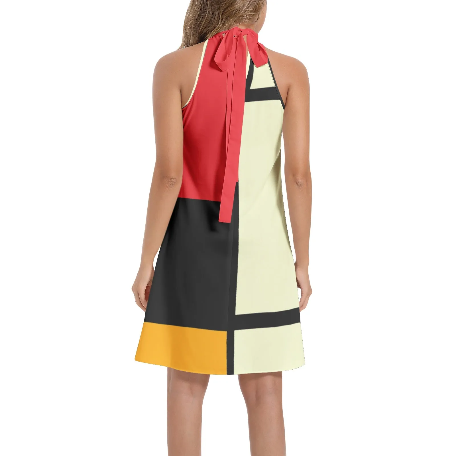 Mondrian Art Tie Back Halter Neck Flared Dress