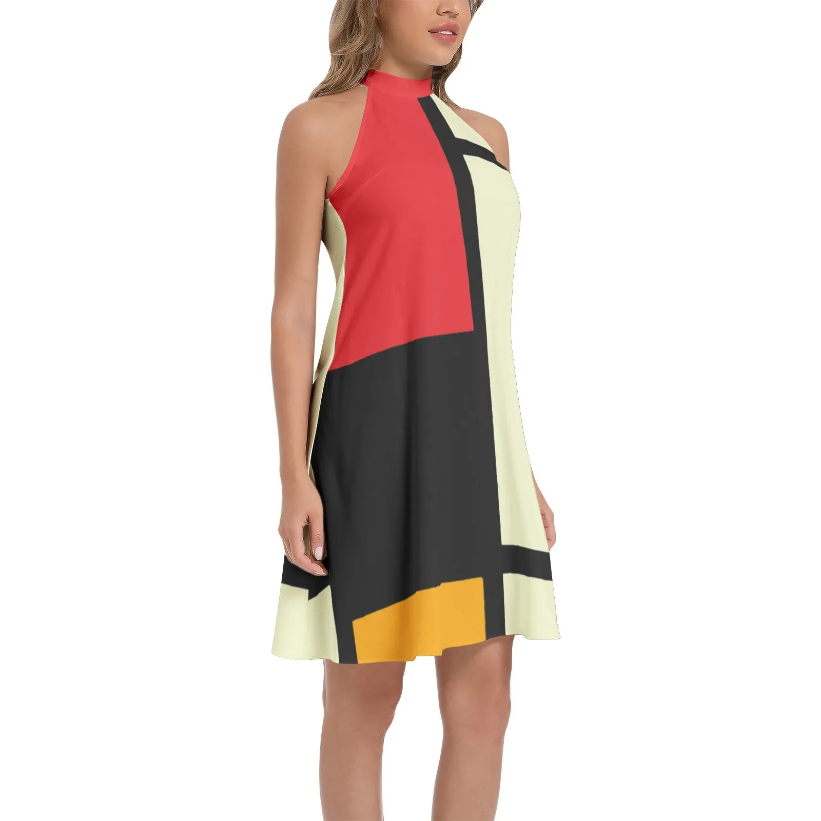 Mondrian Art Tie Back Halter Neck Flared Dress