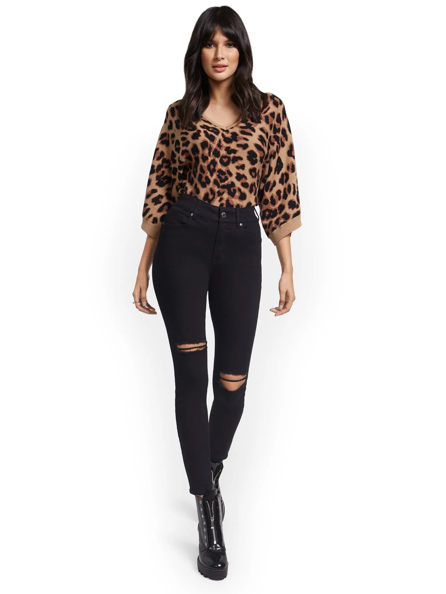 Petite Mya Curvy High-Waisted Sculpting No Gap Super-Skinny Ankle Jeans - Black