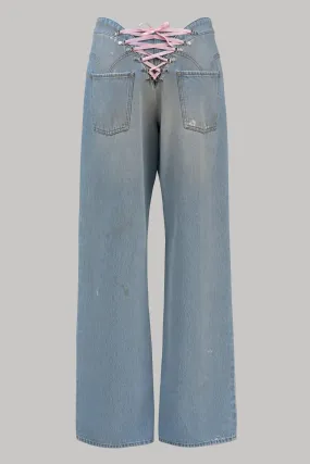 Pull to Open Jeans - Washed Denim Blue/Pink