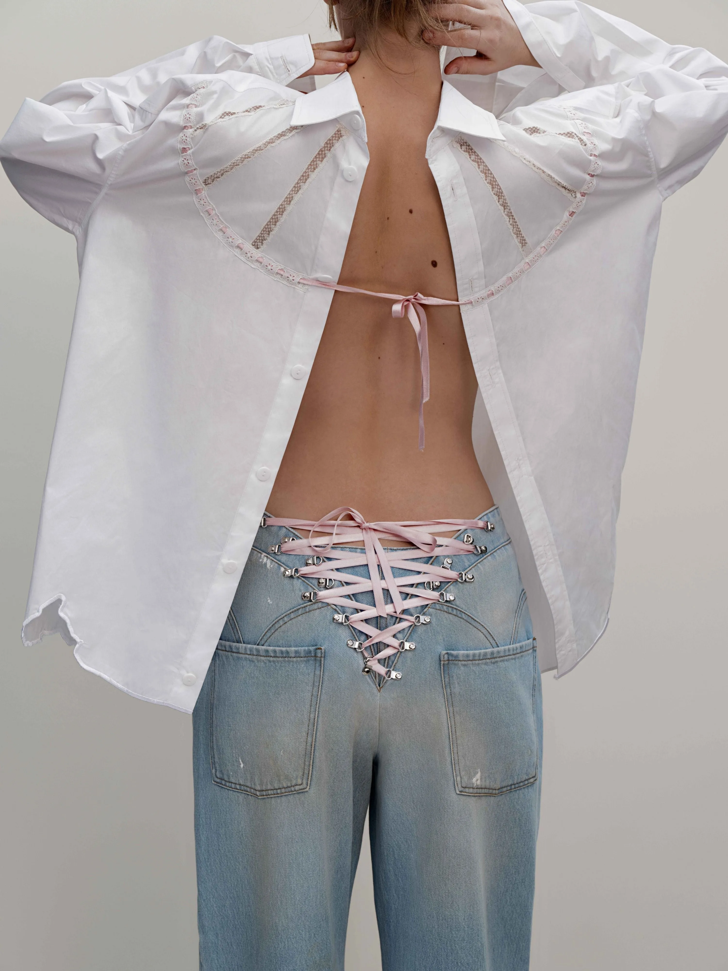 Pull to Open Jeans - Washed Denim Blue/Pink