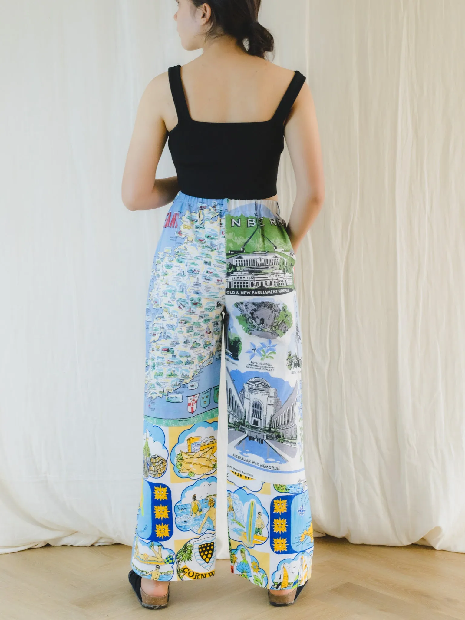 Re-Trousers Upcycled Wide Legged Coast Print in White