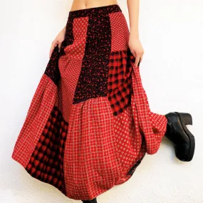 Red Patchwork Maxi Skirt